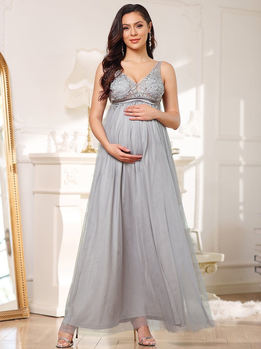 Double V-Neck Lace Bodice Long Flowy Maternity Dress #color_Grey