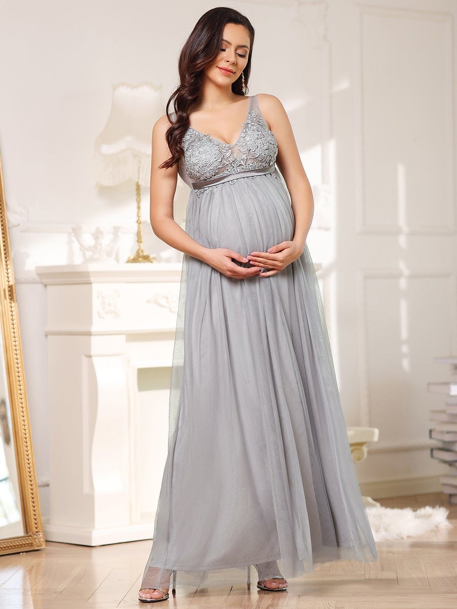 Double V-Neck Lace Bodice Long Flowy Maternity Dress #color_Grey