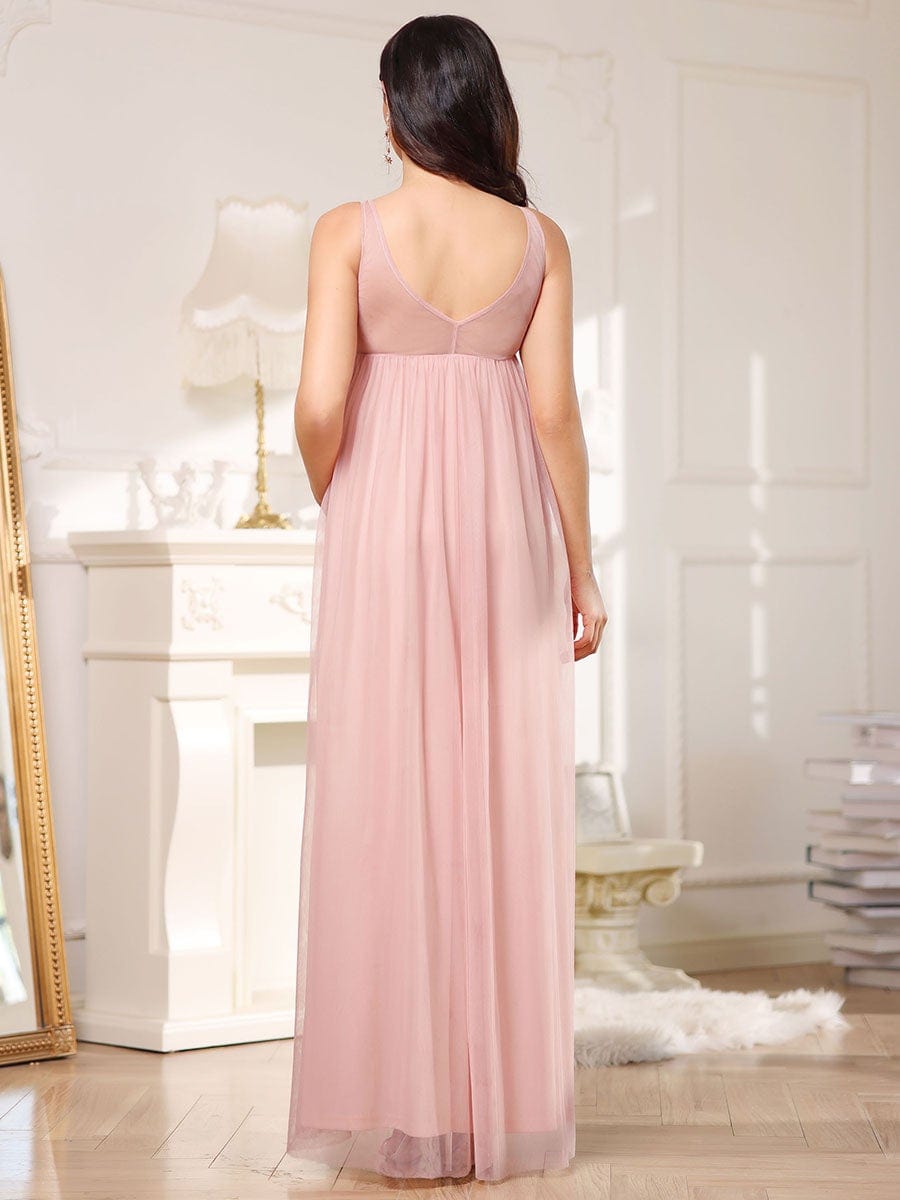 Double V-Neck Lace Bodice Long Flowy Maternity Dress #color_Pink