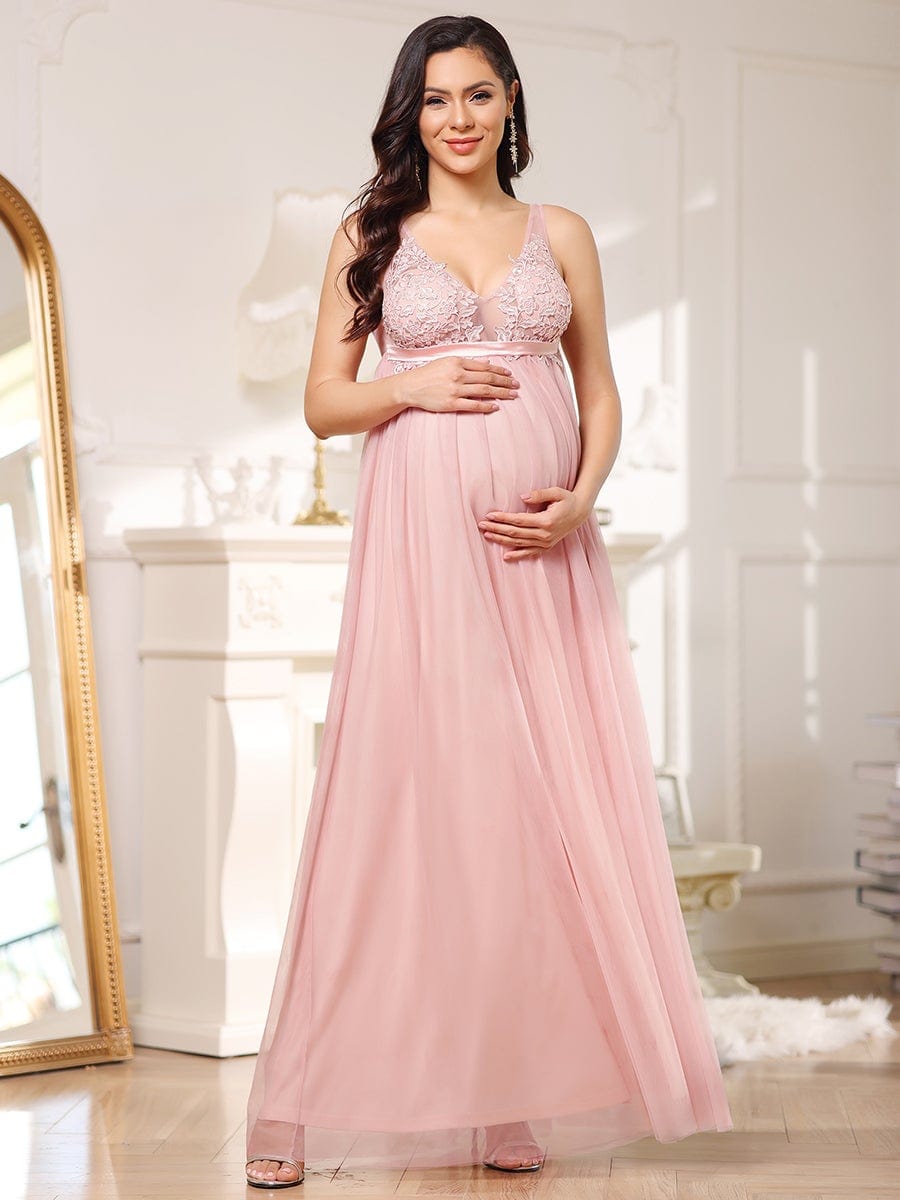 Double V-Neck Lace Bodice Long Flowy Maternity Dress #color_Pink