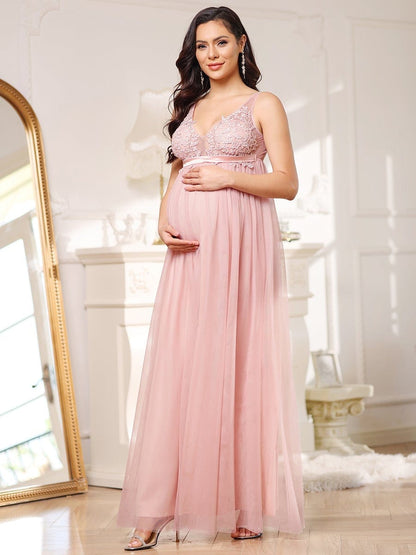 Double V-Neck Lace Bodice Long Flowy Maternity Dress #color_Pink