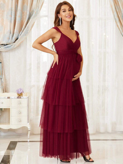 Tie Waist V-Neck Tiered Floor-length Maternity Dress #color_Burgundy