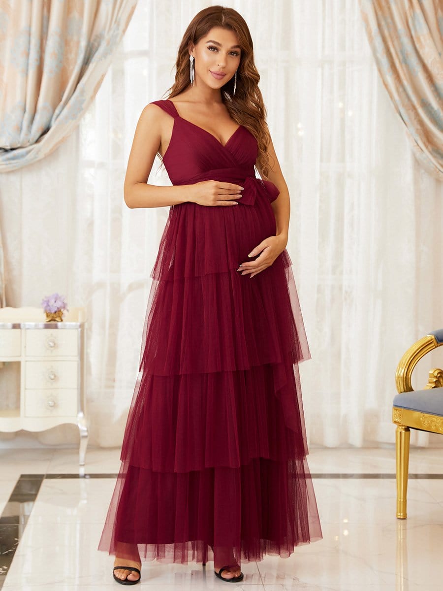 Plus Size Tie Waist V-Neck Tiered Floor-length Maternity Dress #color_Burgundy