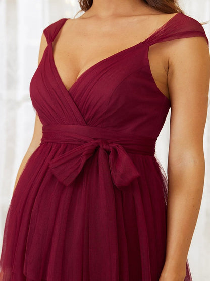 Plus Size Tie Waist V-Neck Tiered Floor-length Maternity Dress #color_Burgundy