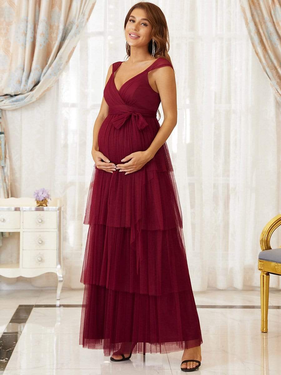 Tie Waist V-Neck Tiered Floor-length Maternity Dress #color_Burgundy