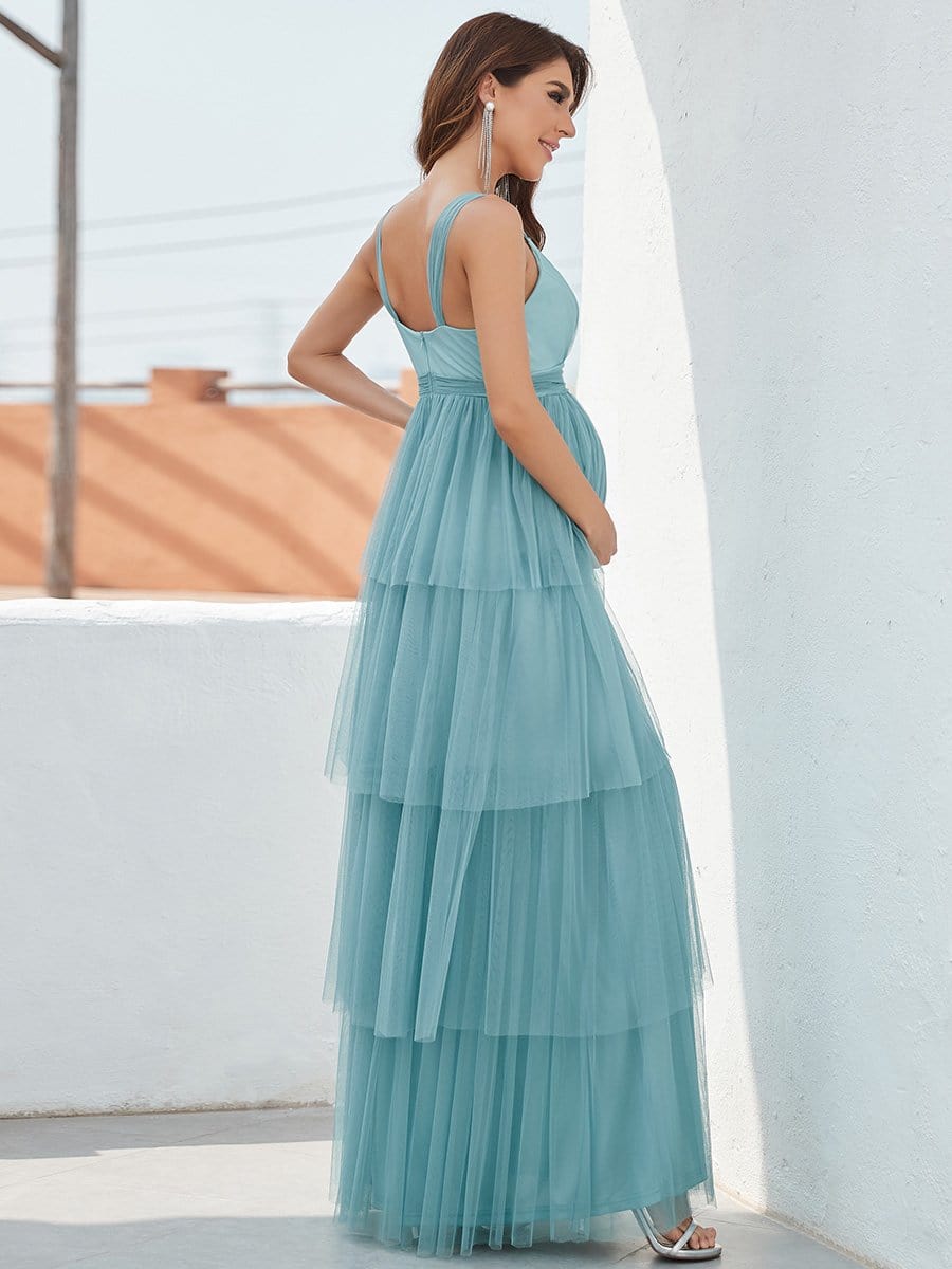 Plus Size Tie Waist V-Neck Tiered Floor-length Maternity Dress #color_Dusty Blue