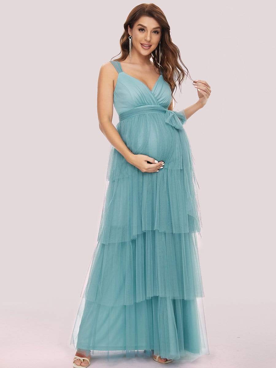 Tie Waist V-Neck Tiered Floor-length Maternity Dress #color_Dusty Blue