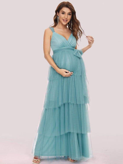 Tie Waist V-Neck Tiered Floor-length Maternity Dress #color_Dusty Blue