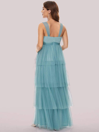 Tie Waist V-Neck Tiered Floor-length Maternity Dress #color_Dusty Blue