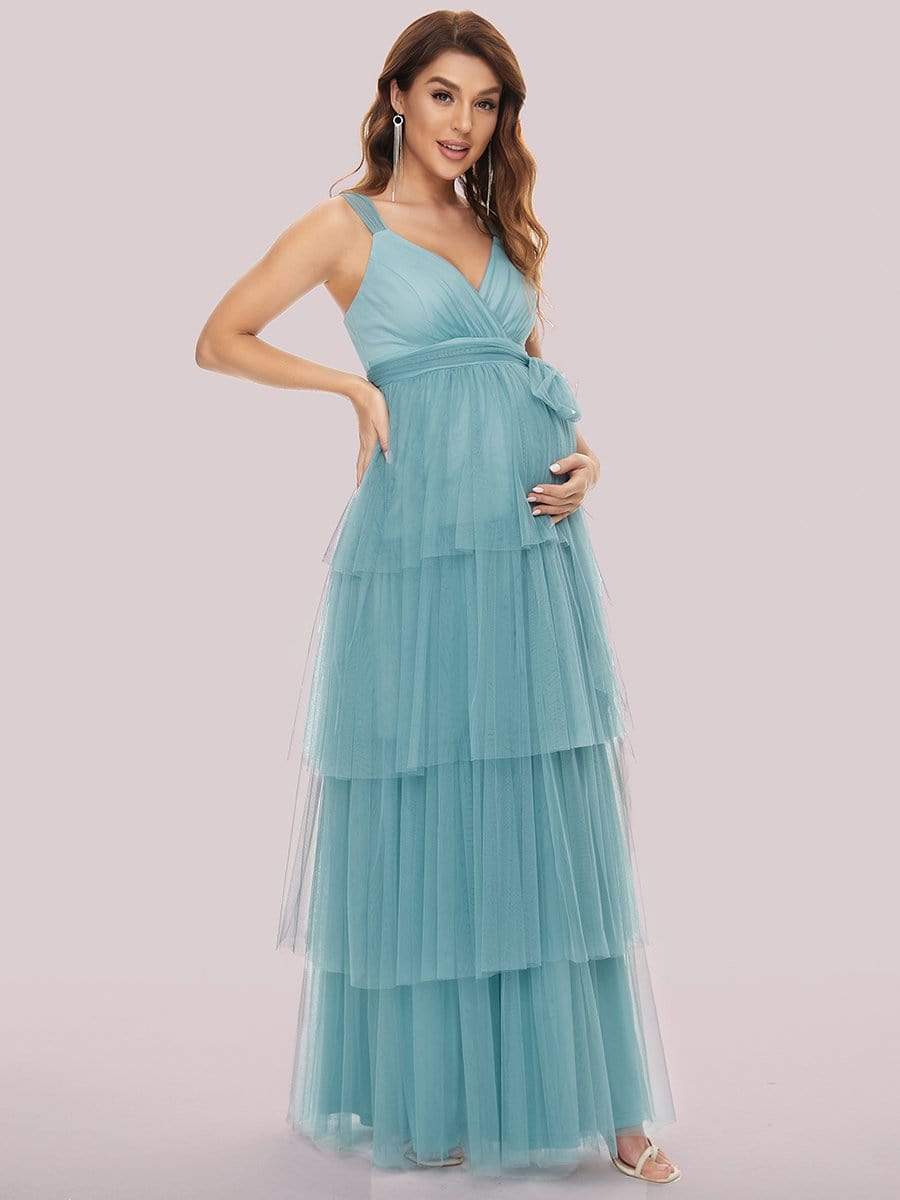 Tie Waist V-Neck Tiered Floor-length Maternity Dress #color_Dusty Blue