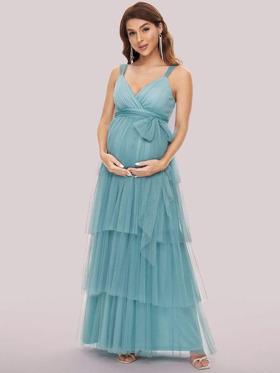 Tie Waist V-Neck Tiered Floor-length Maternity Dress #color_Dusty Blue