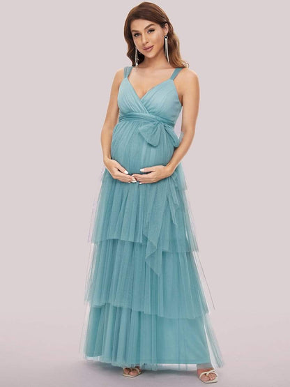 Tie Waist V-Neck Tiered Floor-length Maternity Dress #color_Dusty Blue