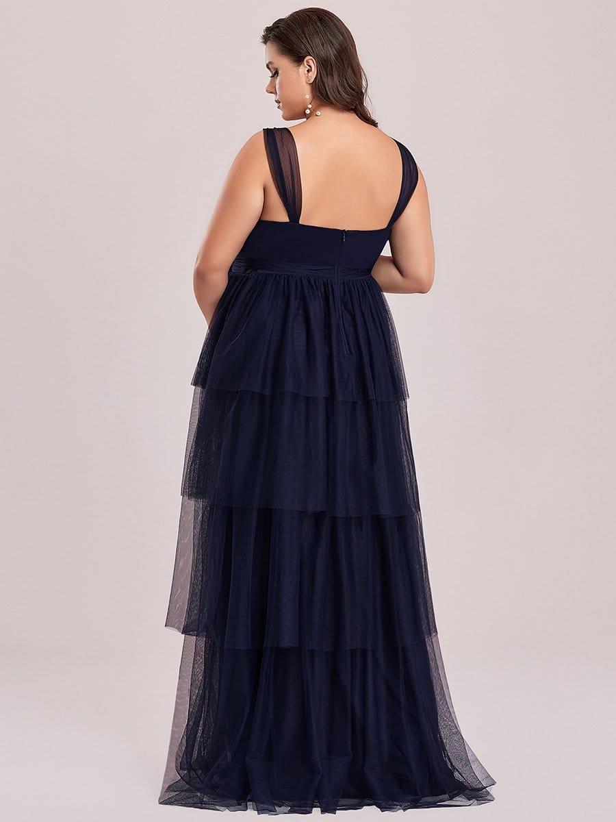 Plus Size Tie Waist V-Neck Tiered Floor-length Maternity Dress #color_Navy Blue