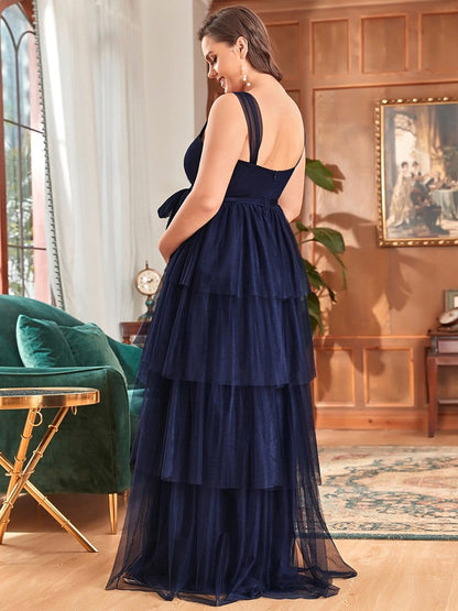 Plus Size Tie Waist V-Neck Tiered Floor-length Maternity Dress #color_Navy Blue