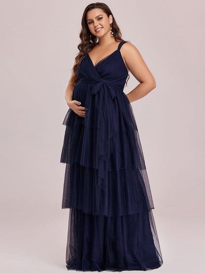 Plus Size Tie Waist V-Neck Tiered Floor-length Maternity Dress #color_Navy Blue