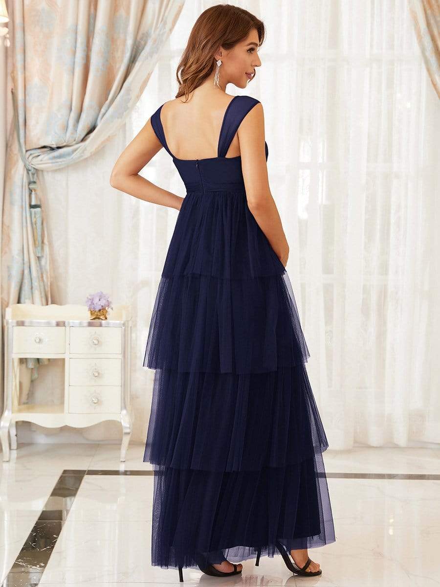 Tie Waist V-Neck Tiered Floor-length Maternity Dress #color_Navy Blue