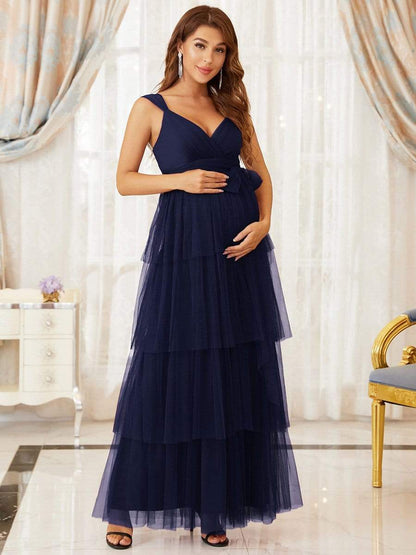 Tie Waist V-Neck Tiered Floor-length Maternity Dress #color_Navy Blue