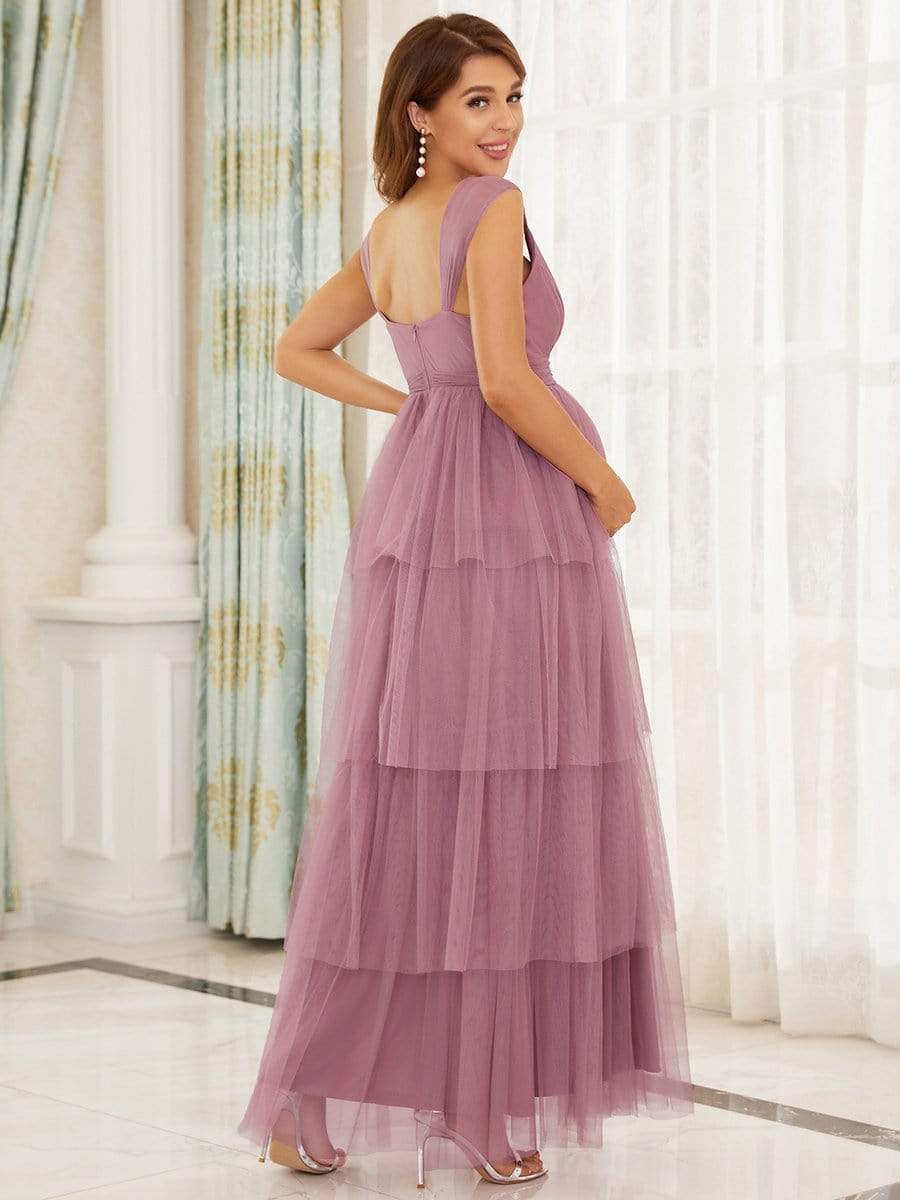 Tie Waist V-Neck Tiered Floor-length Maternity Dress #color_Purple Orchid