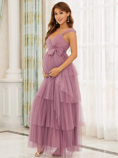 Tie Waist V-Neck Tiered Floor-length Maternity Dress #color_Purple Orchid