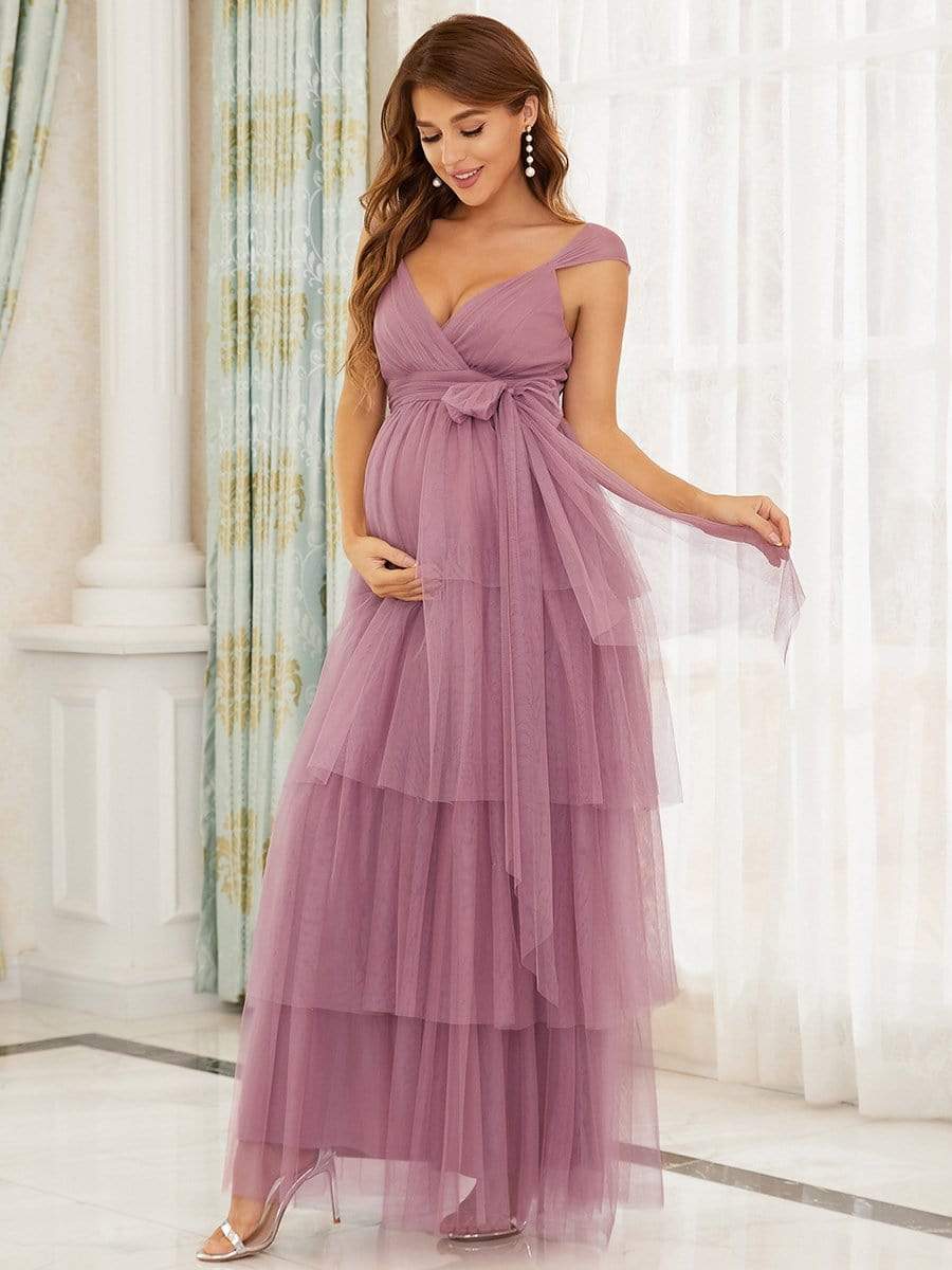 Tie Waist V-Neck Tiered Floor-length Maternity Dress #color_Purple Orchid