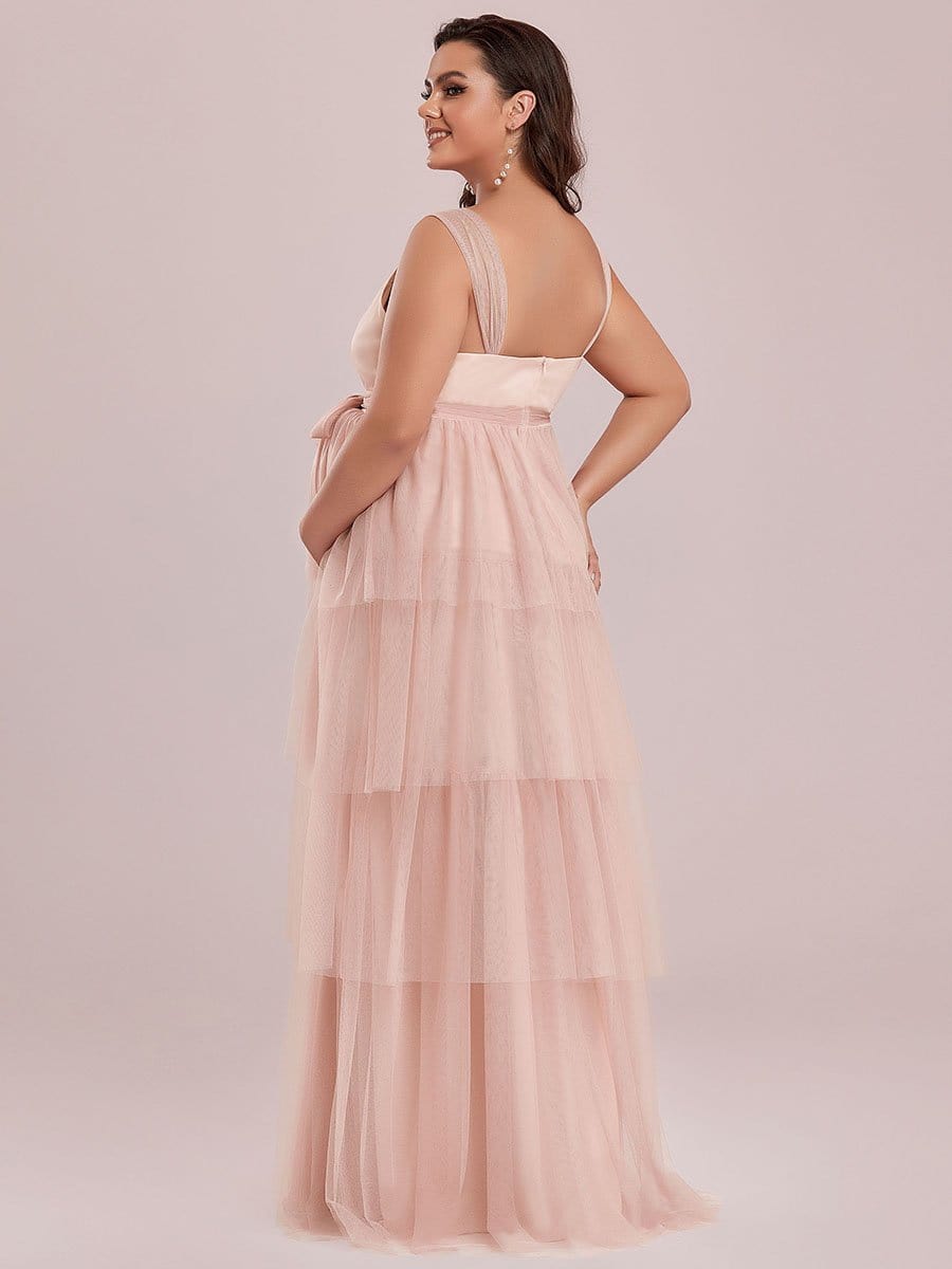 Plus Size Tie Waist V-Neck Tiered Floor-length Maternity Dress #color_Pink