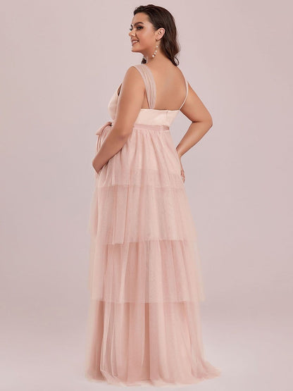 Plus Size Tie Waist V-Neck Tiered Floor-length Maternity Dress #color_Pink