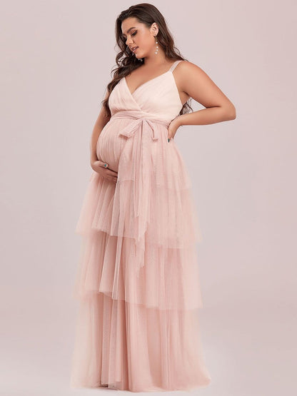 Plus Size Tie Waist V-Neck Tiered Floor-length Maternity Dress #color_Pink