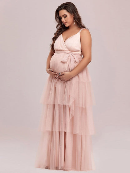 Plus Size Tie Waist V-Neck Tiered Floor-length Maternity Dress #color_Pink