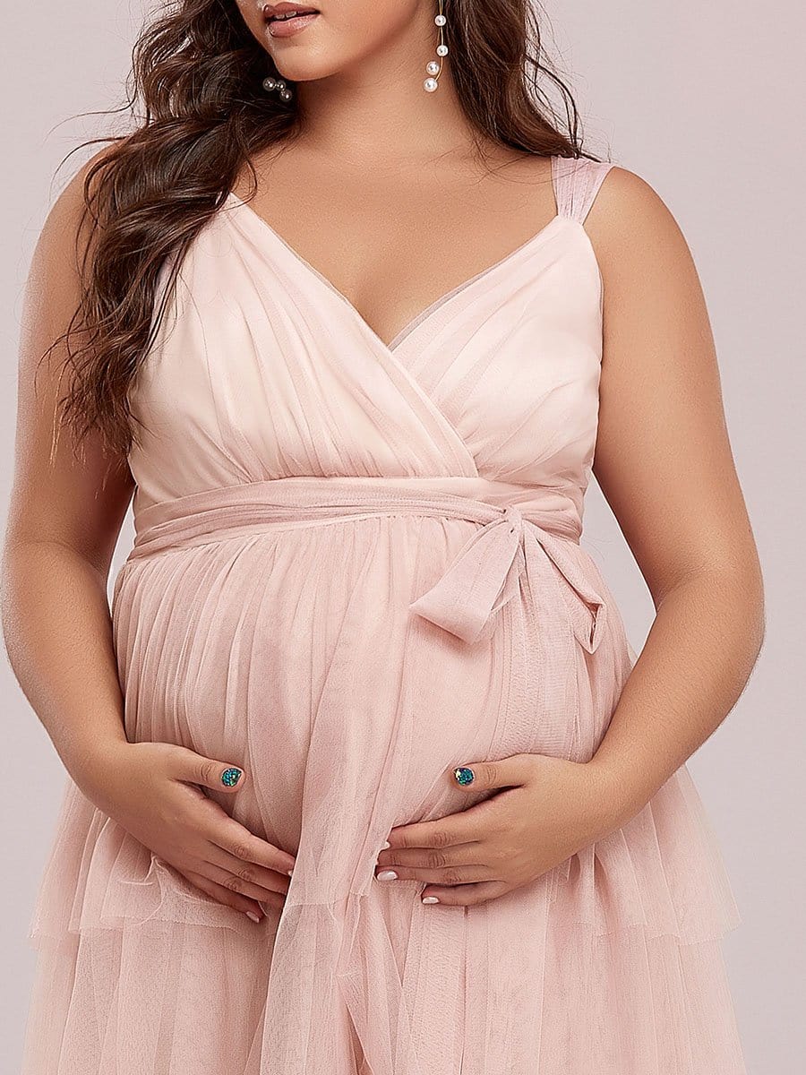 Plus Size Tie Waist V-Neck Tiered Floor-length Maternity Dress #color_Pink