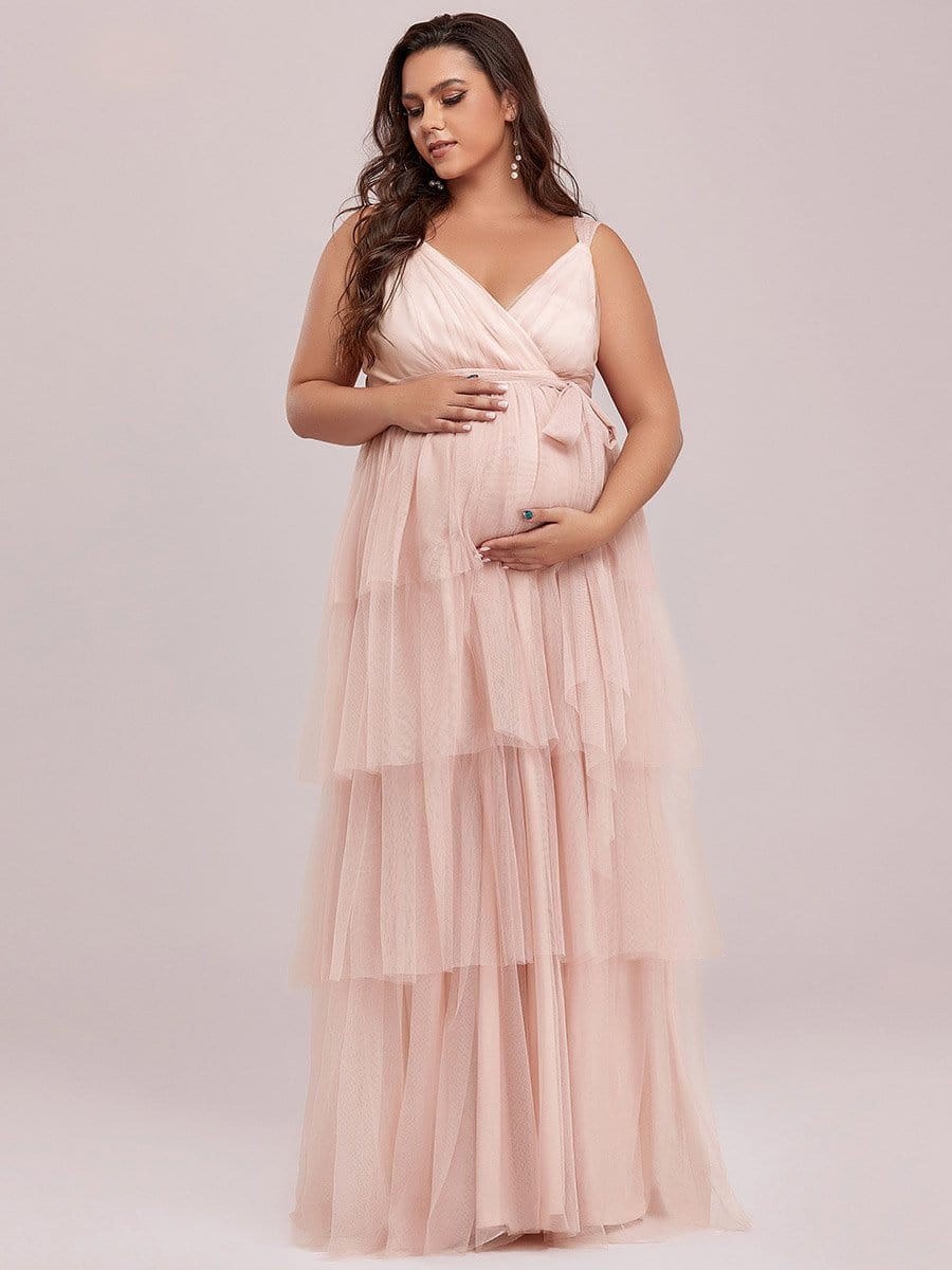 Plus Size Tie Waist V-Neck Tiered Floor-length Maternity Dress #color_Pink