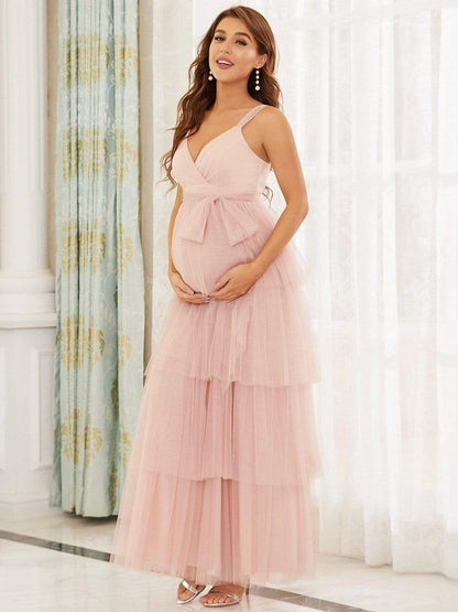 Tie Waist V-Neck Tiered Floor-length Maternity Dress #color_Pink