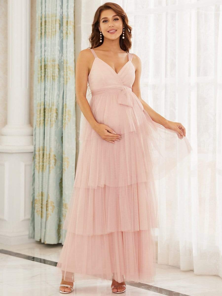 Tie Waist V-Neck Tiered Floor-length Maternity Dress #color_Pink