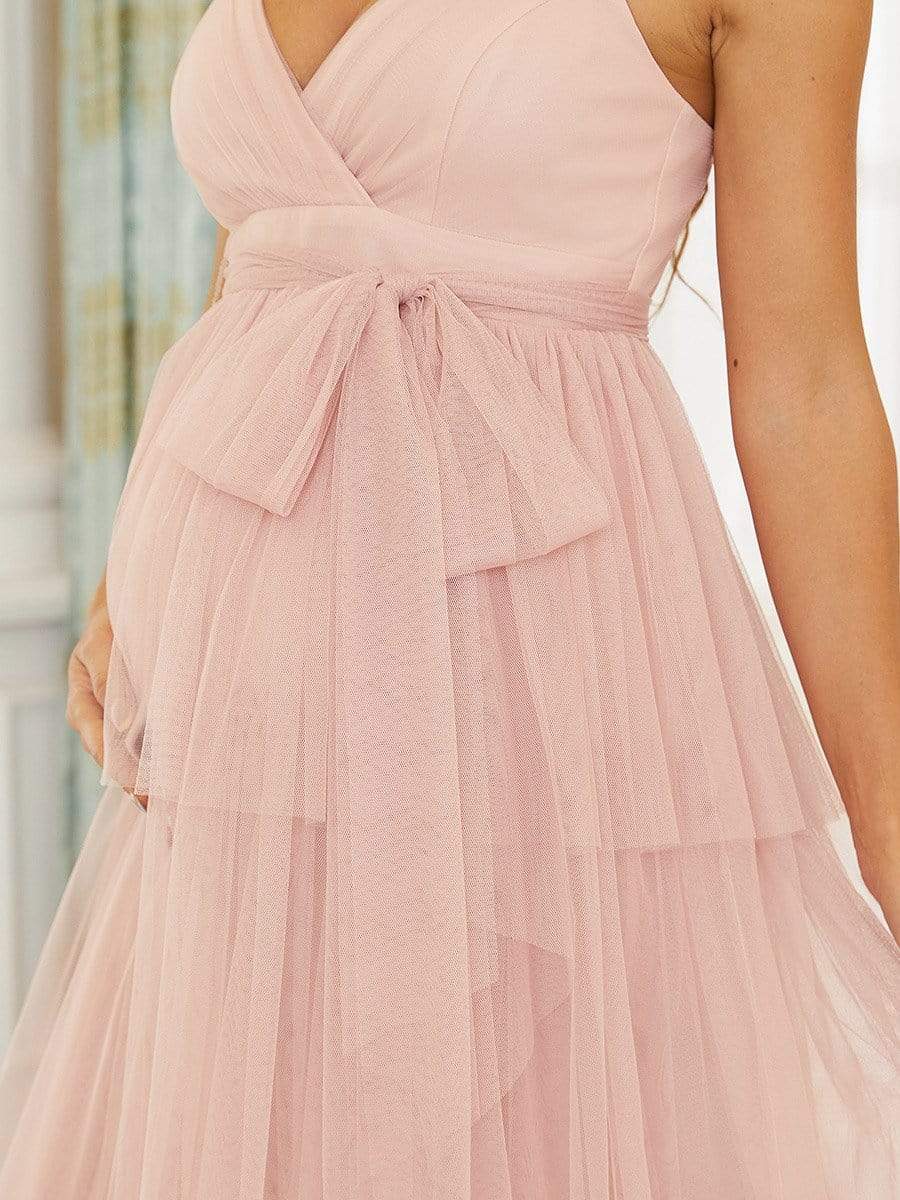 Tie Waist V-Neck Tiered Floor-length Maternity Dress #color_Pink