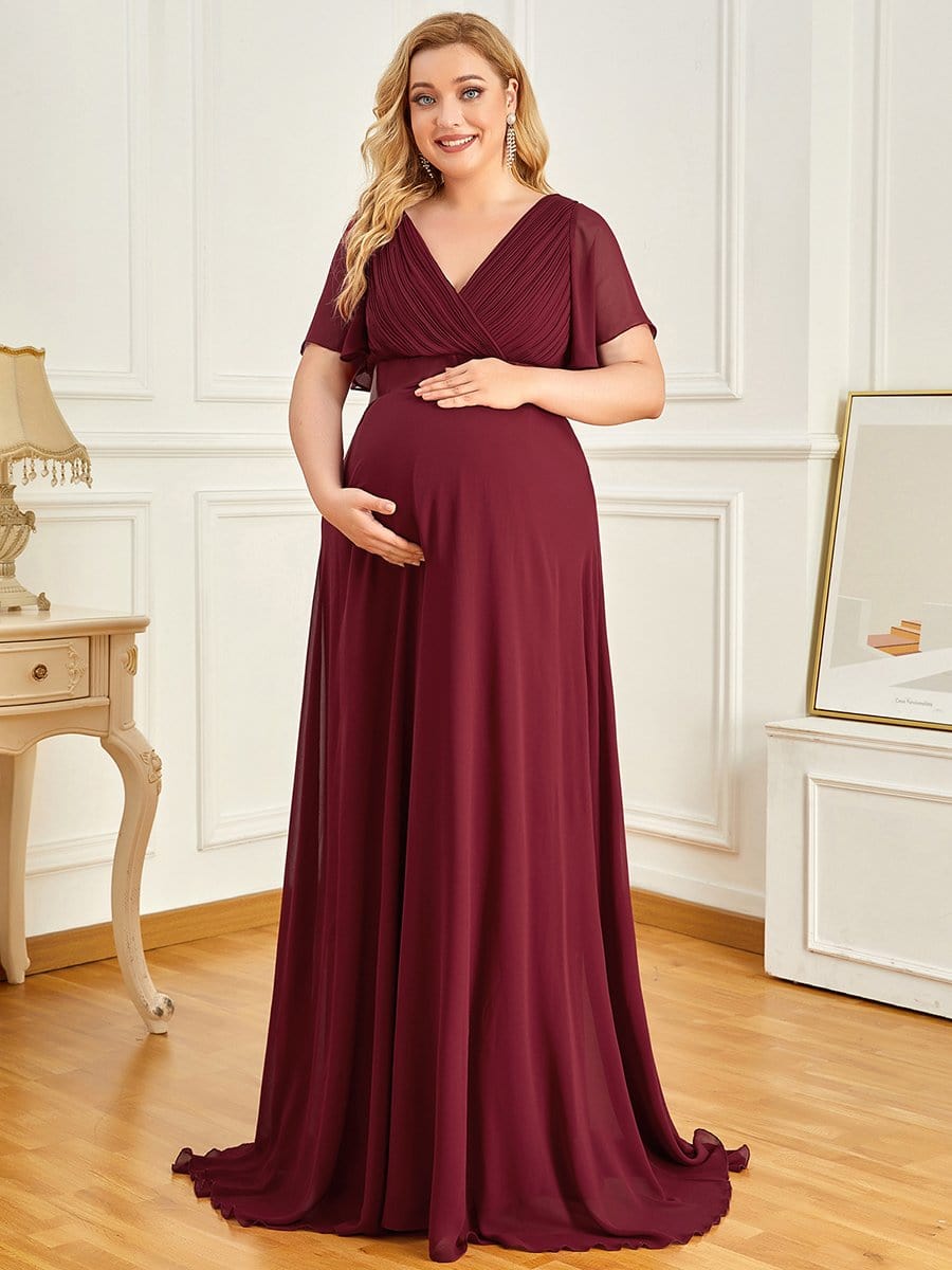 Plus Size Ruffle Sleeve Floor-Length Formal Maternity Dress #color_Burgundy 