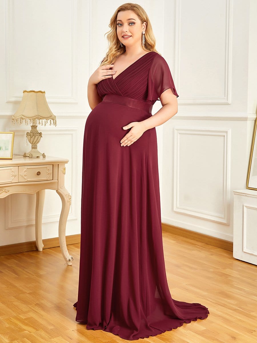 Plus Size Ruffle Sleeve Floor-Length Formal Maternity Dress #color_Burgundy 