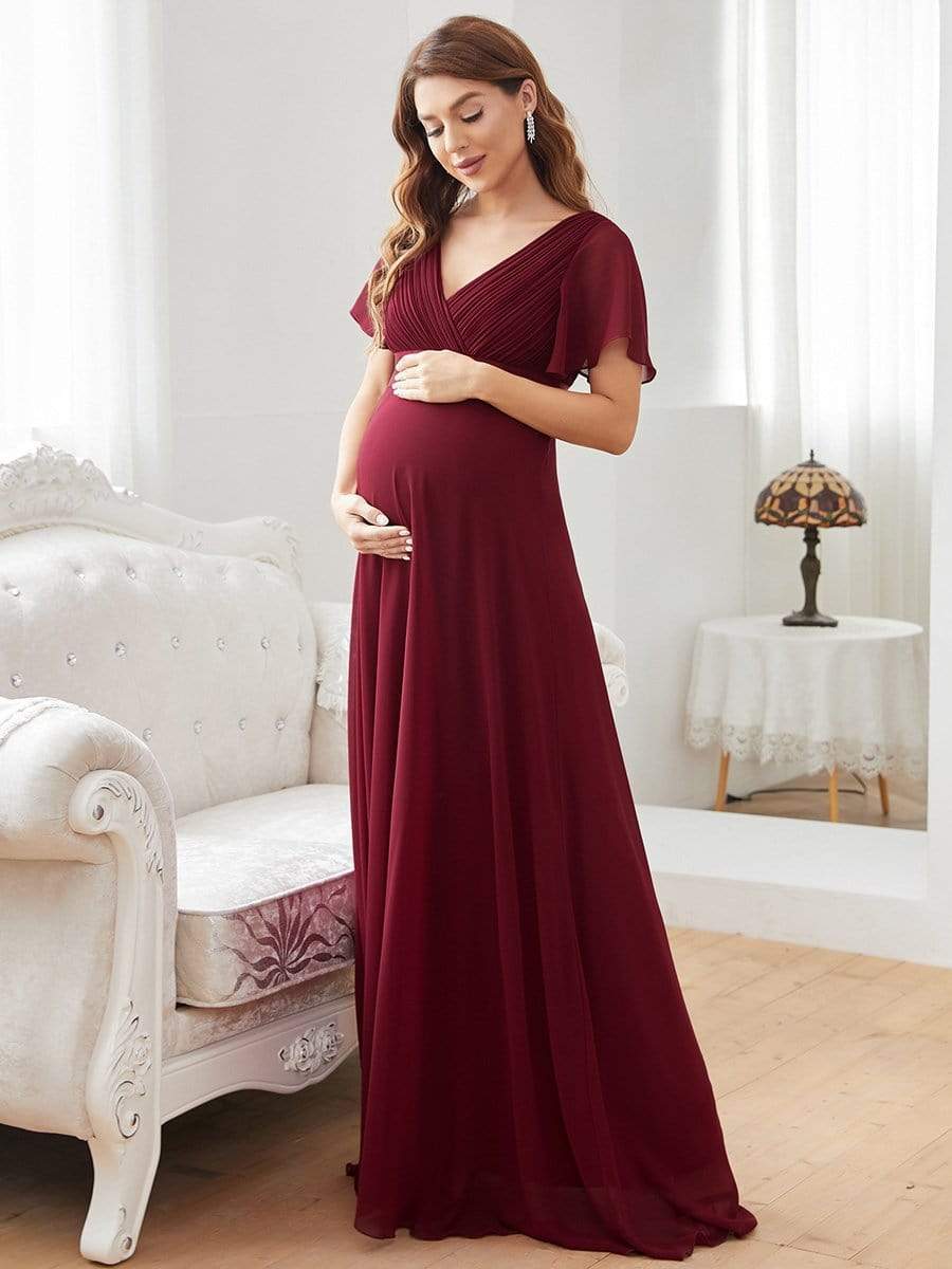 Ruched Bodice Flowy Chiffon Floor-Length Bump Friendly Dress with Sleeves #color_Burgundy 