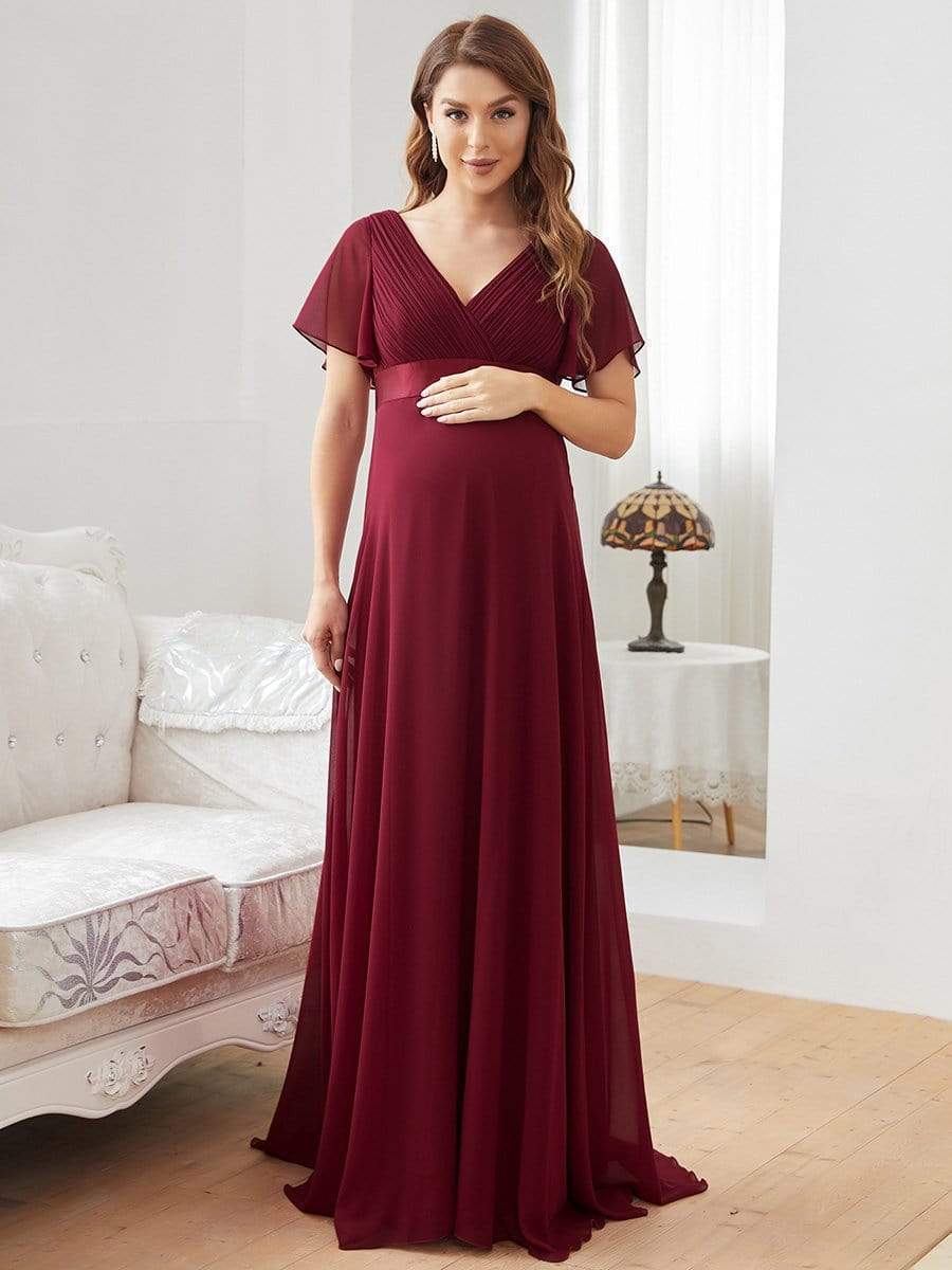 Ruched Bodice Flowy Chiffon Floor-Length Bump Friendly Dress with Sleeves #color_Burgundy 