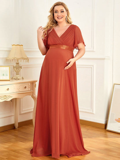 Ruched Bodice Flowy Chiffon Floor-Length Bump Friendly Dress with Sleeves #color_Burnt Orange 