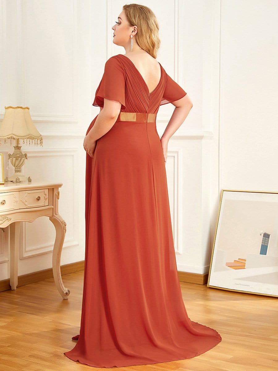 Ruched Bodice Flowy Chiffon Floor-Length Bump Friendly Dress with Sleeves #color_Burnt Orange 