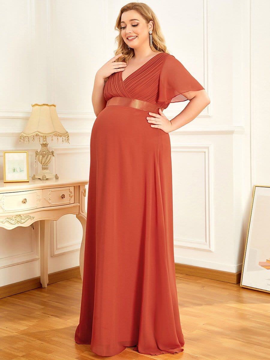 Ruched Bodice Flowy Chiffon Floor-Length Bump Friendly Dress with Sleeves #color_Burnt Orange 