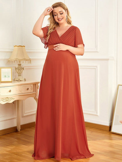 Ruched Bodice Flowy Chiffon Floor-Length Bump Friendly Dress with Sleeves #color_Burnt Orange 