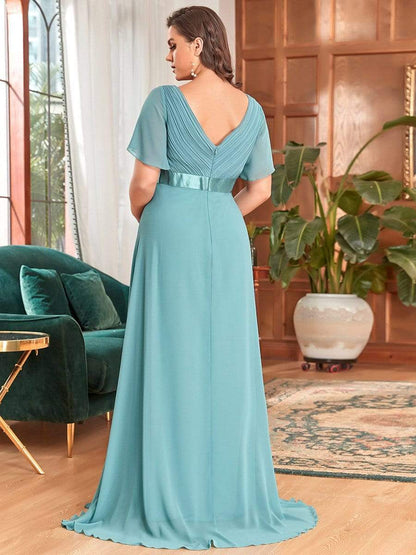 Ruched Bodice Flowy Chiffon Floor-Length Bump Friendly Dress with Sleeves #color_Dusty Blue 