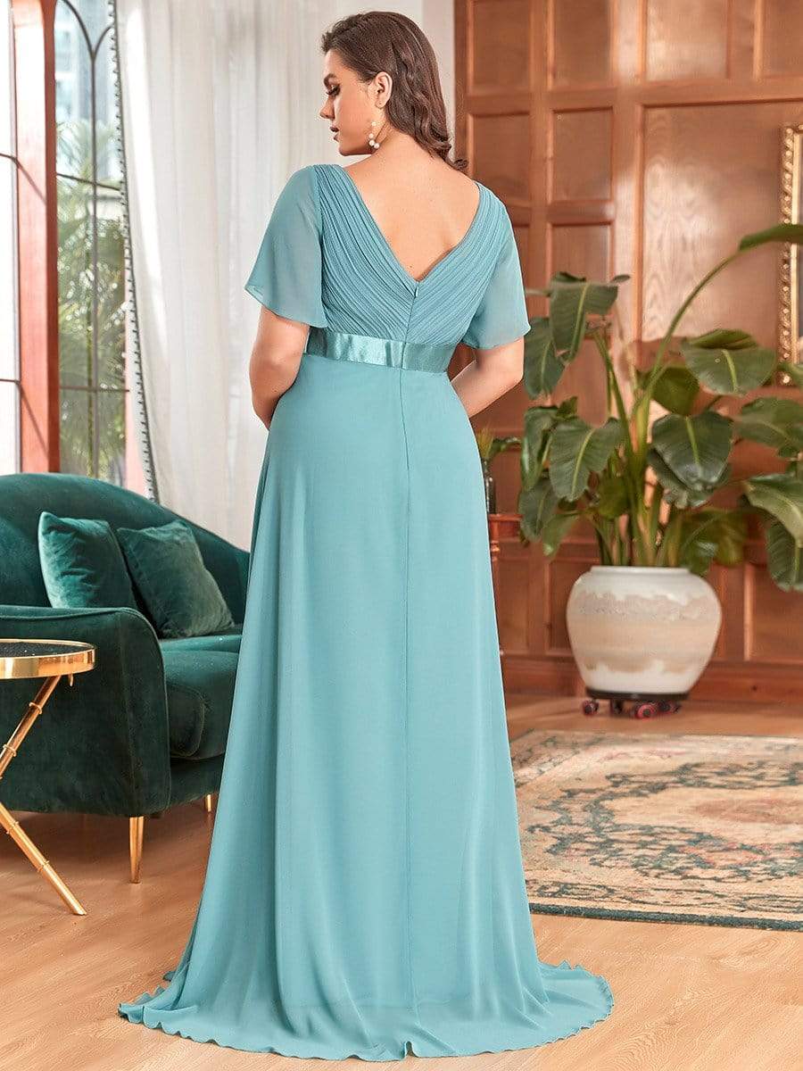 Plus Size Ruffle Sleeve Floor-Length Formal Maternity Dress #color_Dusty Blue 