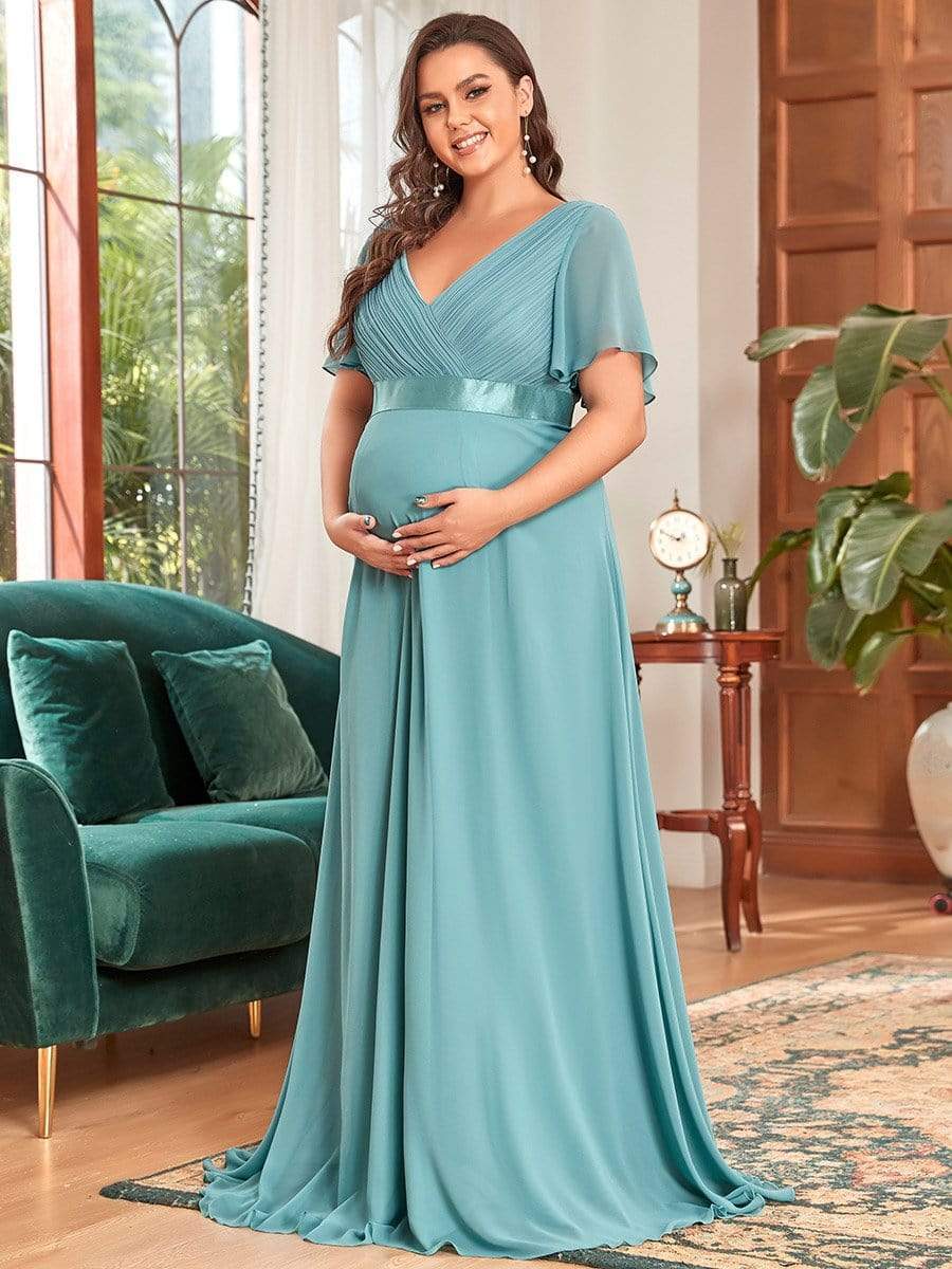 Plus Size Ruffle Sleeve Floor-Length Formal Maternity Dress #color_Dusty Blue 