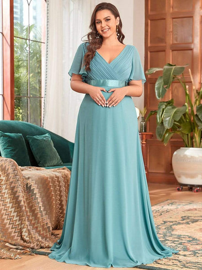 Plus Size Ruffle Sleeve Floor-Length Formal Maternity Dress #color_Dusty Blue 