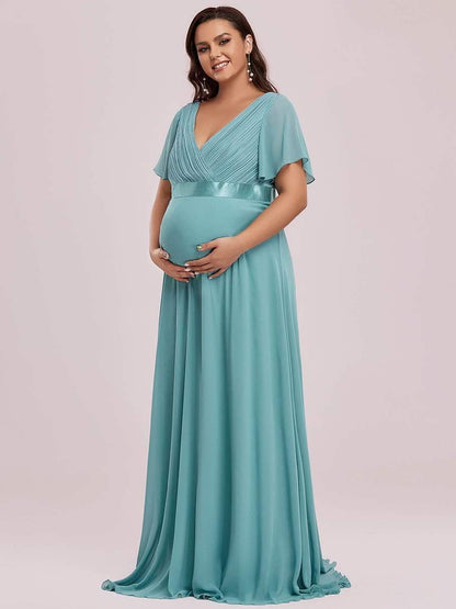 Plus Size Ruffle Sleeve Floor-Length Formal Maternity Dress #color_Dusty Blue 