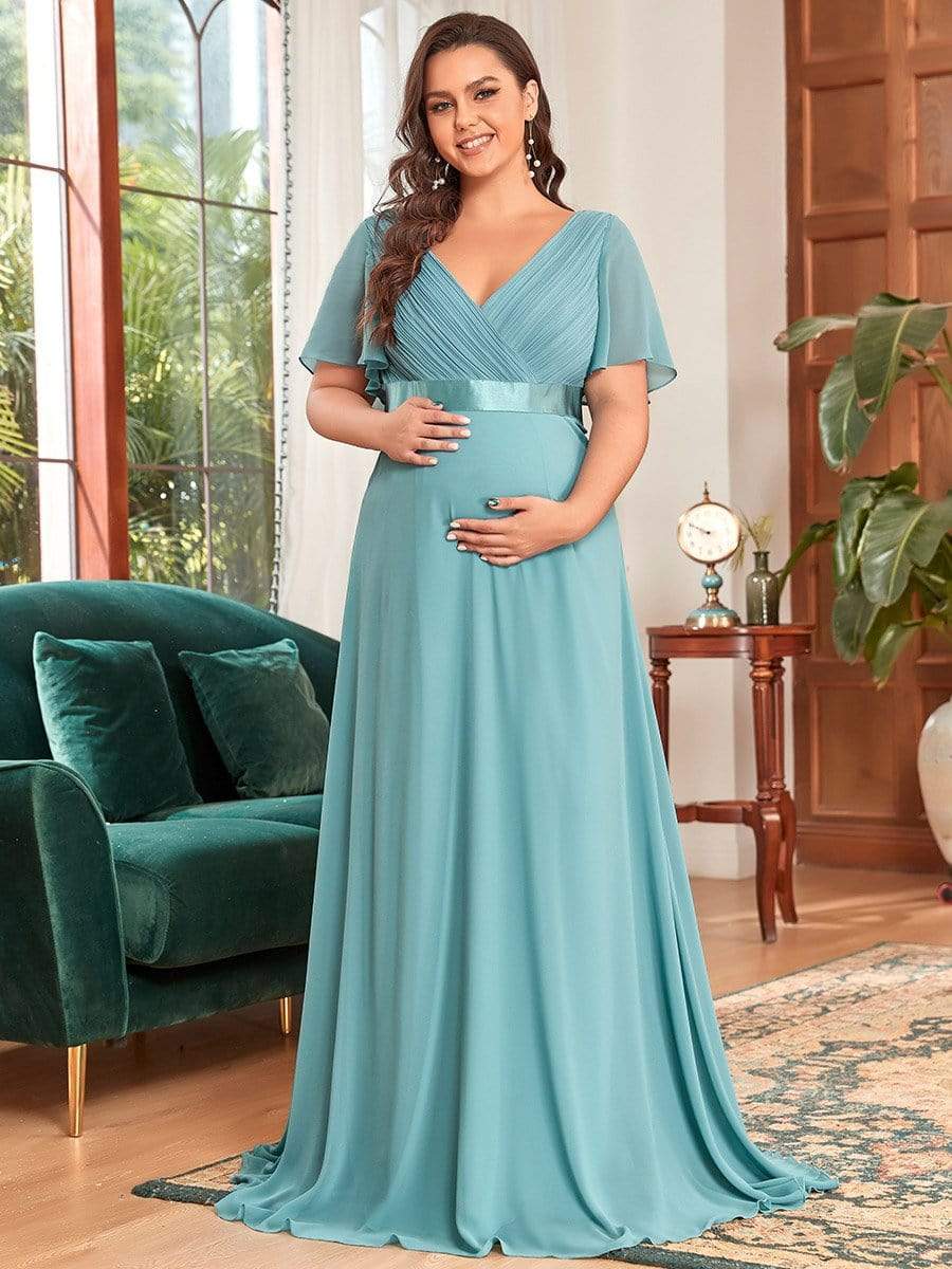 Ruched Bodice Flowy Chiffon Floor-Length Bump Friendly Dress with Sleeves #color_Dusty Blue 