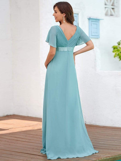 Ruched Bodice Flowy Chiffon Floor-Length Bump Friendly Dress with Sleeves #color_Dusty Blue 