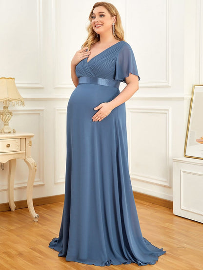 Ruched Bodice Flowy Chiffon Floor-Length Bump Friendly Dress with Sleeves #color_Dusty Navy 