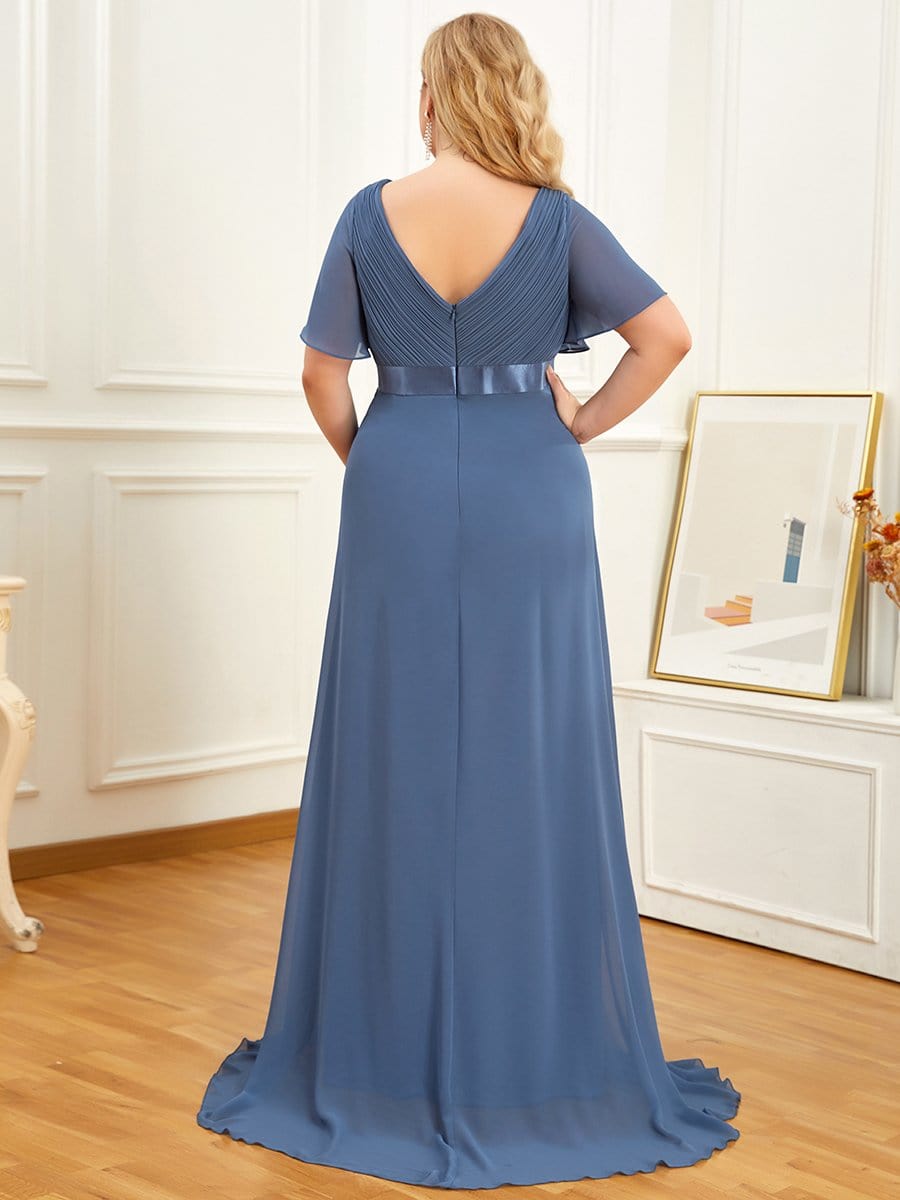 Ruched Bodice Flowy Chiffon Floor-Length Bump Friendly Dress with Sleeves #color_Dusty Navy 